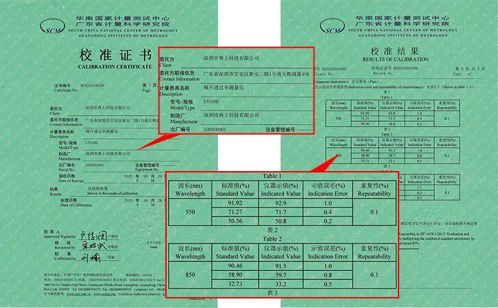 镜片透过率测量仪校准证书